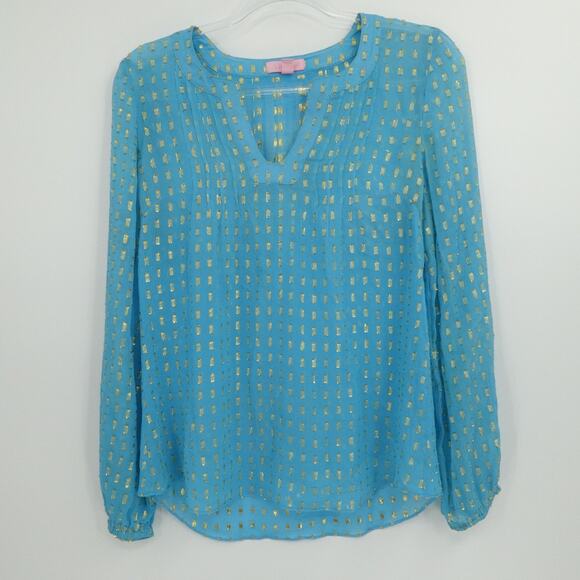 Lilly Pulitzer Blouse Womens XS Blue Gold‎ Metallic Colby Crinkle Sheer Silk Top - Picture 1 of 11